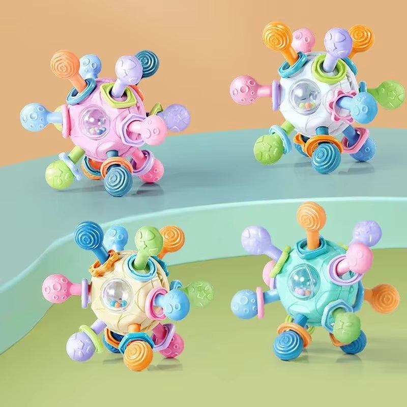 Montessori Sensory Toys Newborn Toddlers Grasping Silicone Rotating Rattle Ball Baby Teething Toy for Early Learning Development