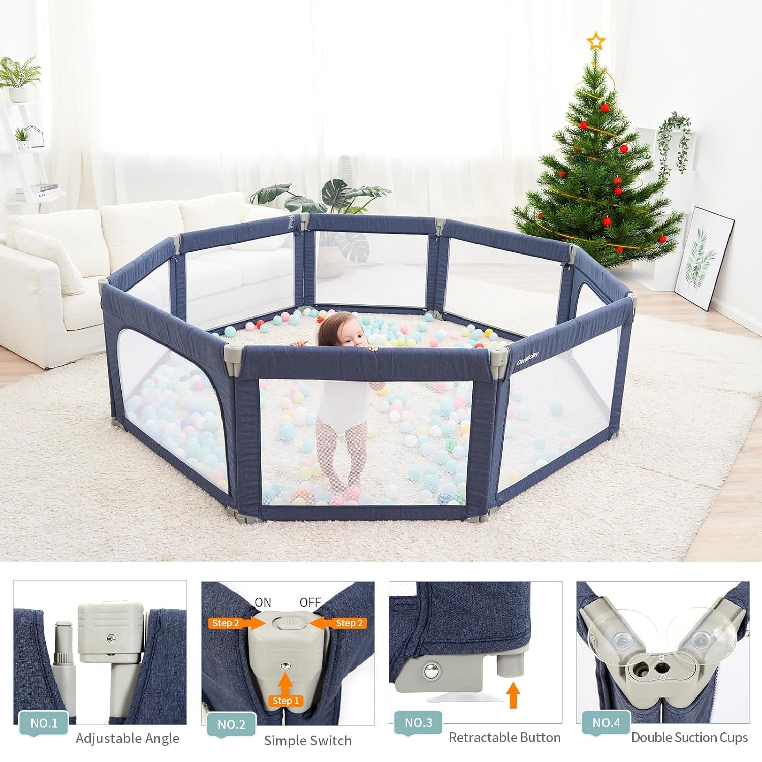 Doradotey Baby Playpen Foldable for Toddlers 1-3, Size and Shape Adjustable Enclosure, 8-Panels Detachable Gate 79X71 Large Indoor Playard, Easy Assembly and Clean, Safety Fence Play Area, Blue